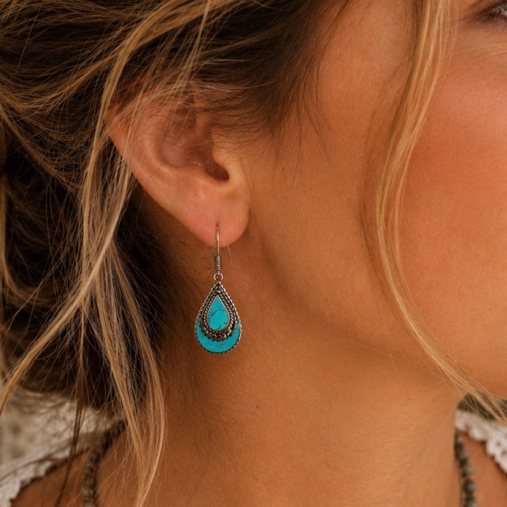 India Tibetan Handmade‎ Turquoise Dangle Earrings Silvertone Southwestern Boho